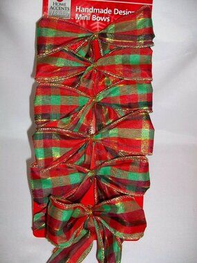 Set 6 Hand Made Red Plaid Christmas Wired Mini Bows Wreath Mailbox Holiday Green